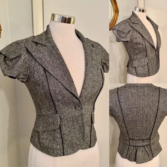 Bebe Cropped Blazer Jacket Gray Wool Blend Steampunk Detailed Fitted Victorian - Picture 12 of 13